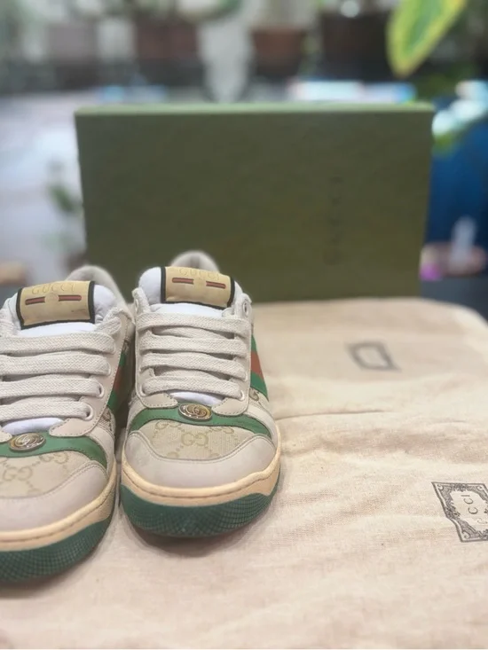 Gucci Beige, Green & Gold GG Canvas Sneakers - Picture 9 of 11
